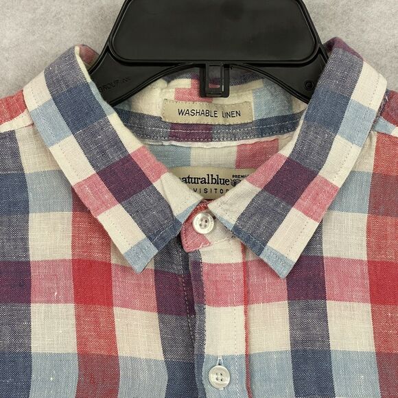 Natural Blue By Visitor Shirt Mens XL Red Blue Check Button Up 100% Linen - Picture 9 of 12